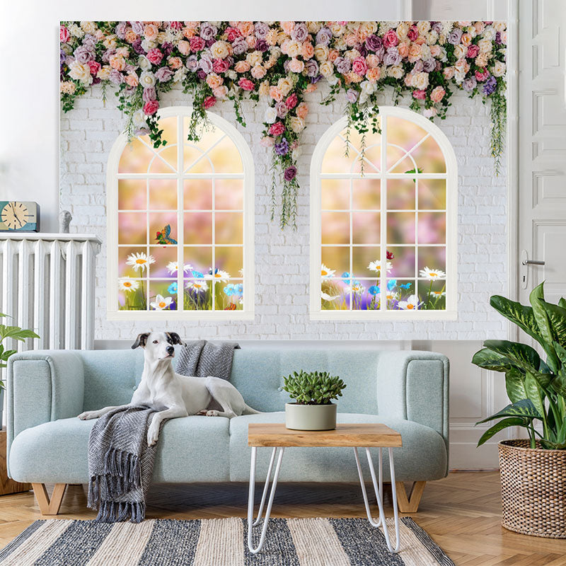Lofaris White And Floral Bricks Window Spring Backdrop