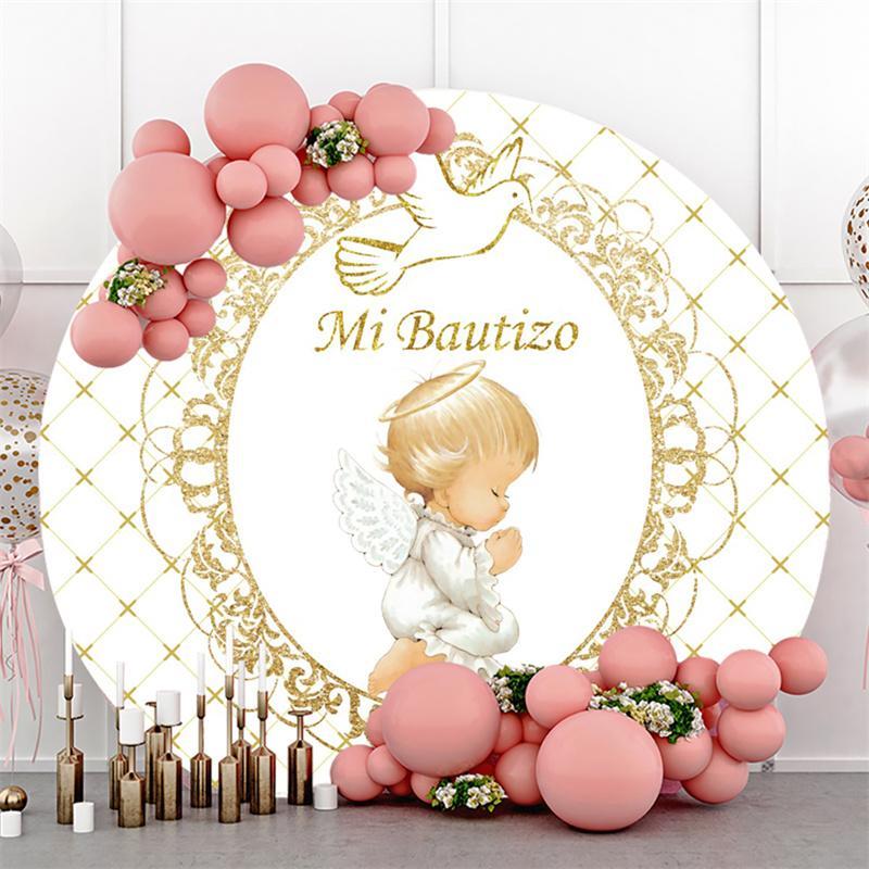 Lofaris White And Gold Mi Bautizo Round Baby Shower Backdrop