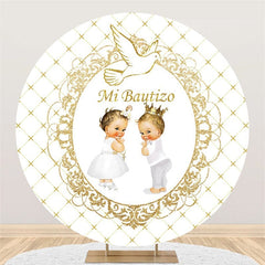 Lofaris White And Golden Themed Round Baby Shower Backdrop