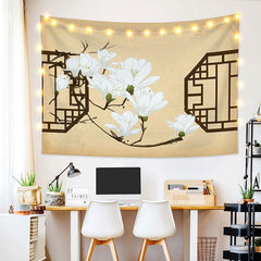 Lofaris White And Khaki Floral Family Still Life Custom Tapestry