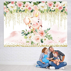 Lofaris White and pink floral cute pig baby shower backdrop