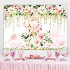 Lofaris White and pink floral cute pig baby shower backdrop