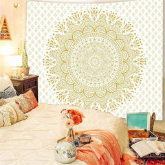 Lofaris White And Yellow Mandala Abstract Family Wall Tapestry