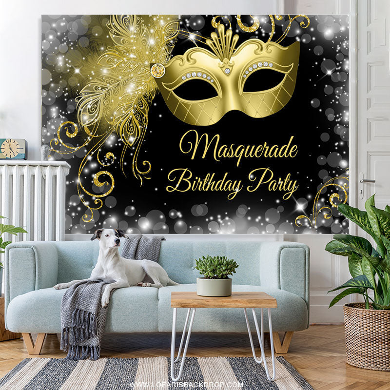 Lofaris White Black Golden Masquerade Happy Birthday Backdrop