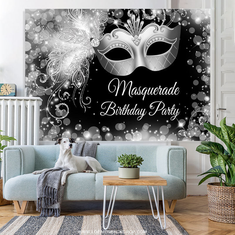 Lofaris White Black Silver Masquerade Happy Birthday Backdrop