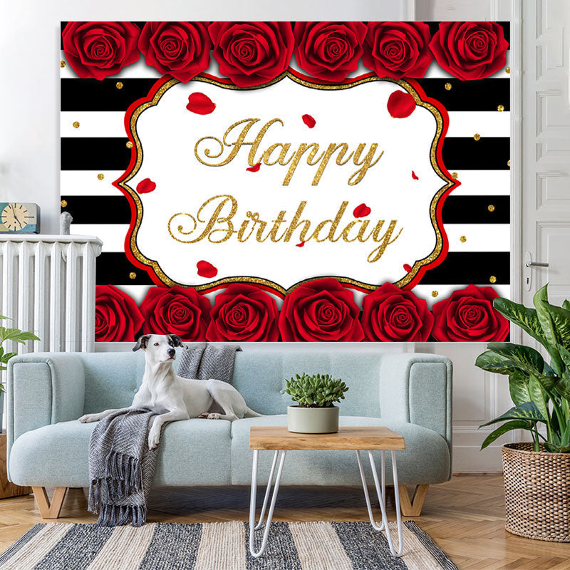 Lofaris White-Black Stripes And Rose Happy Birthday Backdrop