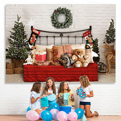 Lofaris White Bricks And Bed With Pillows Teddy Bear Backdrop