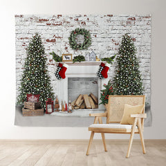 Lofaris White Bricks And Fireplace Christmas Tree Backdrop