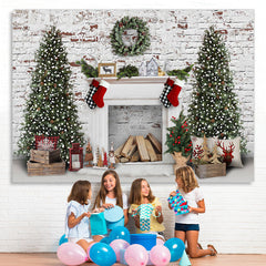 Lofaris White Bricks And Fireplace Christmas Tree Backdrop