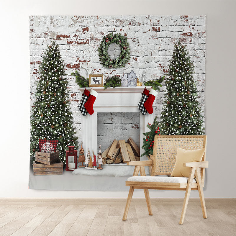 Lofaris White Bricks And Fireplace Christmas Tree Backdrop