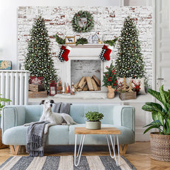 Lofaris White Bricks And Fireplace Christmas Tree Backdrop
