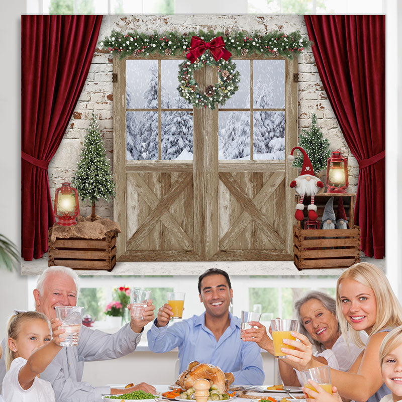 Lofaris White Bricks With Red Curtain Christmas Winter Backdrop
