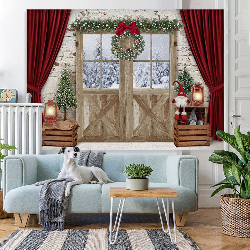 Lofaris White Bricks With Red Curtain Christmas Winter Backdrop