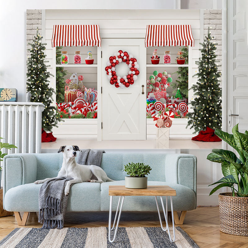 Lofaris White Christmas Store With Gifts And Lollipops Backdrop