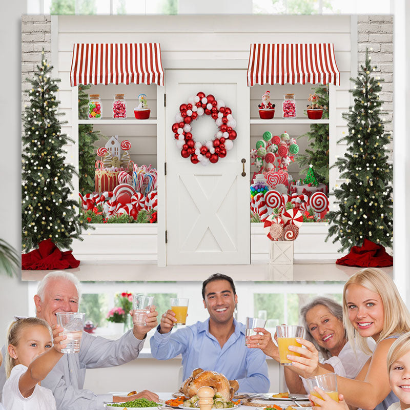 Lofaris White Christmas Store With Gifts And Lollipops Backdrop