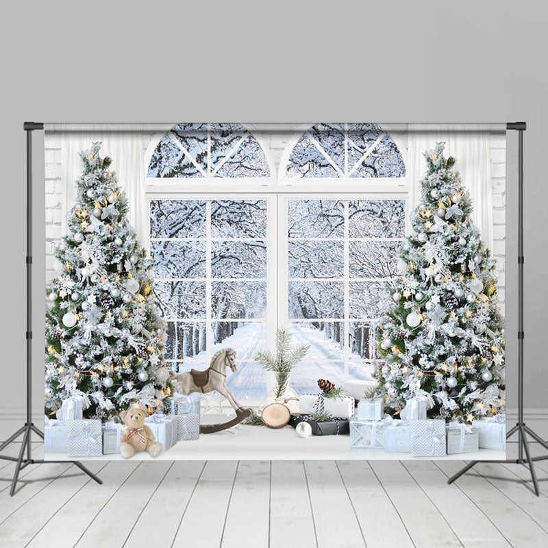 Lofaris White Christmas Trees Window With Snowy Scene Backdrop