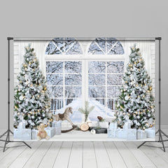 Lofaris White Christmas Trees Window With Snowy Scene Backdrop