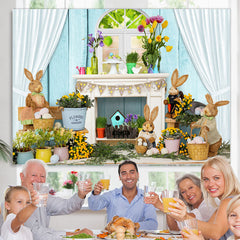 Lofaris White Curtain Blue Wall Rabbit Happy Easter Backdrop