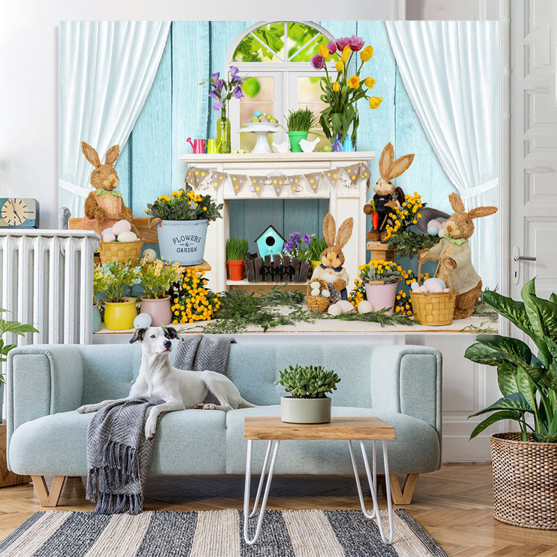 Lofaris White Curtain Blue Wall Rabbit Happy Easter Backdrop