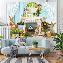 Lofaris White Curtain Blue Wall Rabbit Happy Easter Backdrop