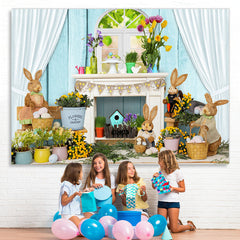 Lofaris White Curtain Blue Wall Rabbit Happy Easter Backdrop
