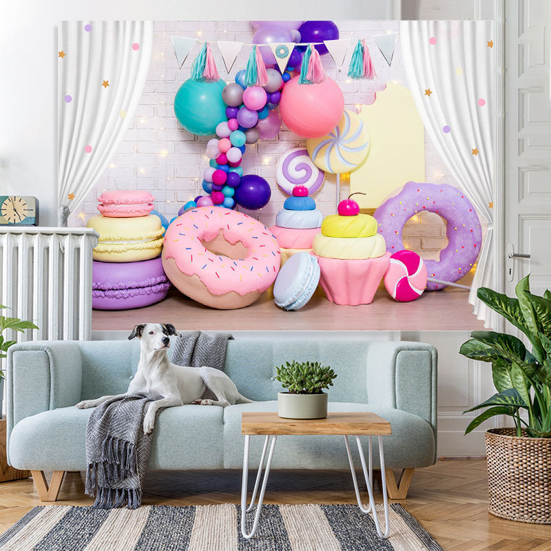 Lofaris White Curtain Color Balloon Donut Macaron Backdrop