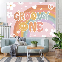 Lofaris White Floral And Rainbow Pink Groovy One Birthday Backdrop