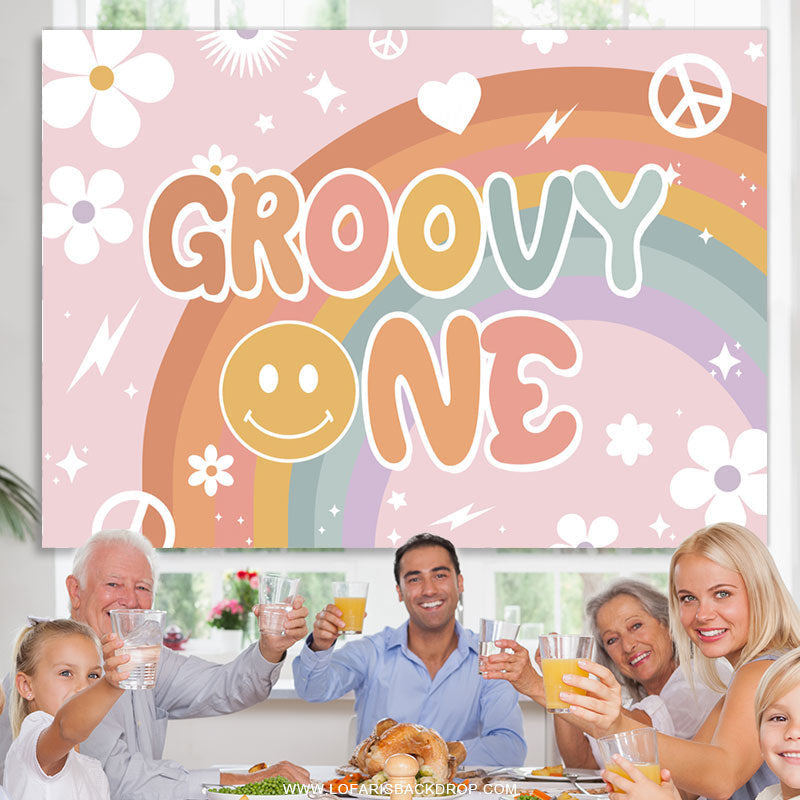 Lofaris White Floral And Rainbow Pink Groovy One Birthday Backdrop