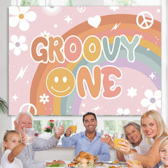 Lofaris White Floral And Rainbow Pink Groovy One Birthday Backdrop