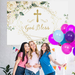 Lofaris White Floral God Bless Baby Shower Backdrop Decoration