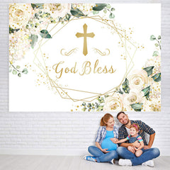 Lofaris White Floral God Bless Baby Shower Backdrop Decoration