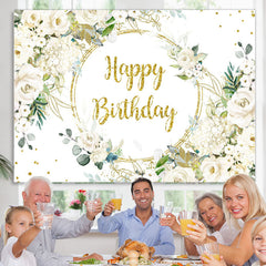 Lofaris White Floral Gold Glitter Happy Birthday Party Backdrop