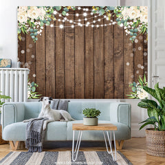 Lofaris White Floral Green Leaf Brown Wood Birthday Backdrop