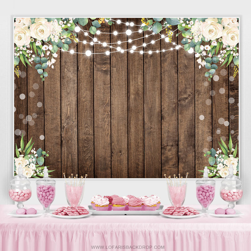 Lofaris White Floral Green Leaf Brown Wood Birthday Backdrop