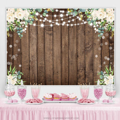 Lofaris White Floral Green Leaf Brown Wood Birthday Backdrop