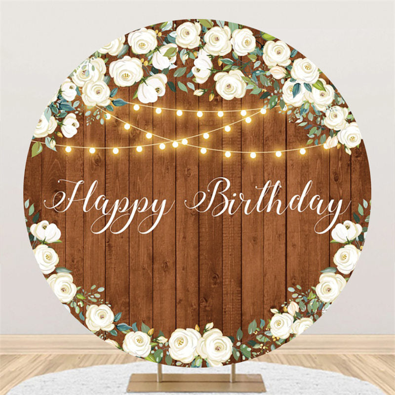 Lofaris White Flower Glitter Light Happy Birthday Round Backdrop