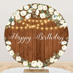 Lofaris White Flower Glitter Light Happy Birthday Round Backdrop