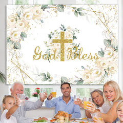 Lofaris White Flower Gold God Bless Happy Birthday Backdorp