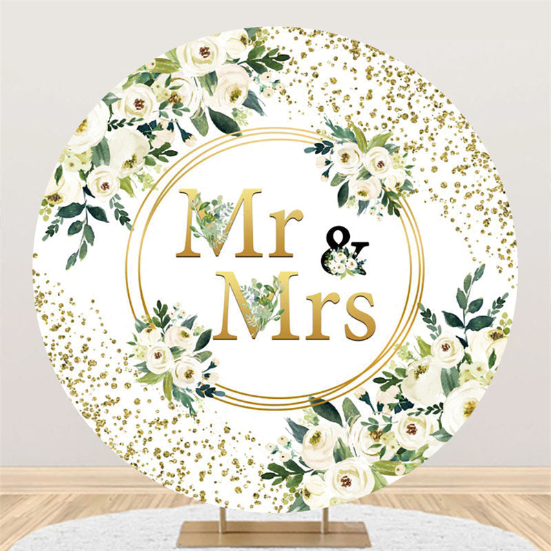 Lofaris White Flower Gold Mr And Mrs Wedding Circle Backdrop