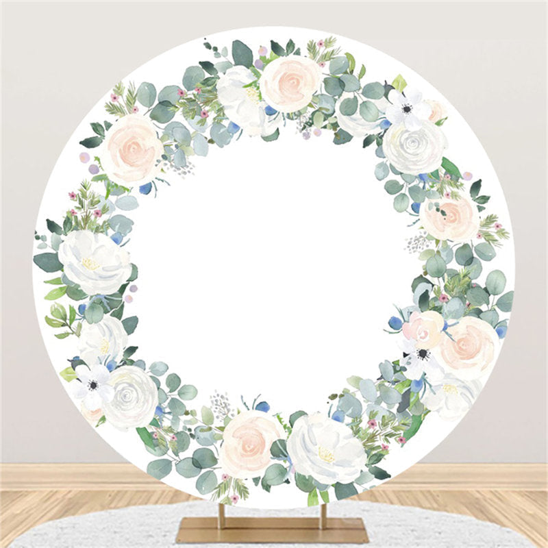 Lofaris White Flower Leaves Happy Birthday Circle Backdrop