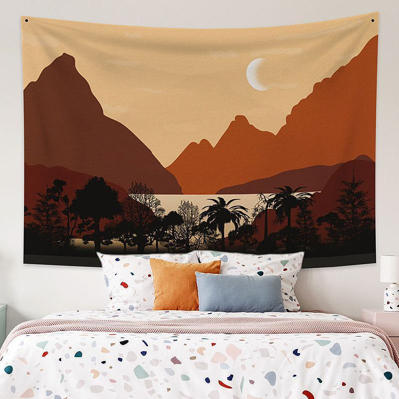 Lofaris White Moon Mountain Forest Landscape Wall Tapestry