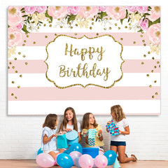 Lofaris White-Pink Stripes And Flower Happy Birthday Backdrop