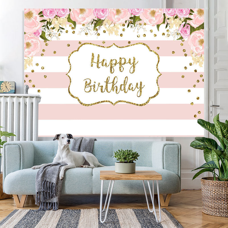 Lofaris White-Pink Stripes And Flower Happy Birthday Backdrop