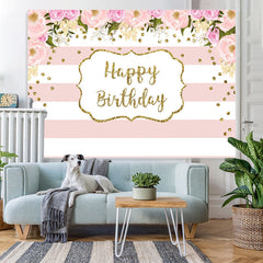 Lofaris White-Pink Stripes And Flower Happy Birthday Backdrop