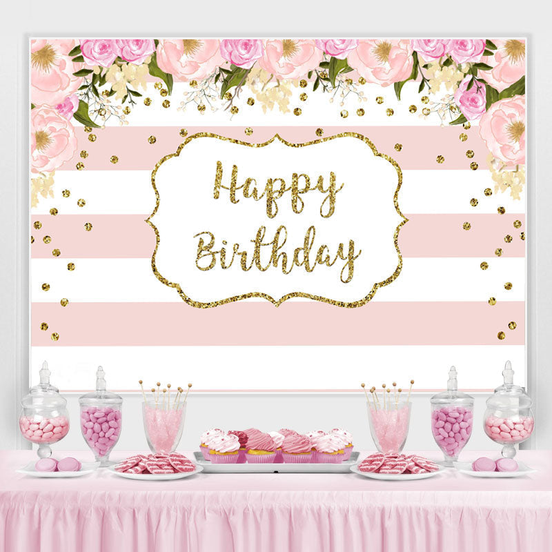 Lofaris White-Pink Stripes And Flower Happy Birthday Backdrop