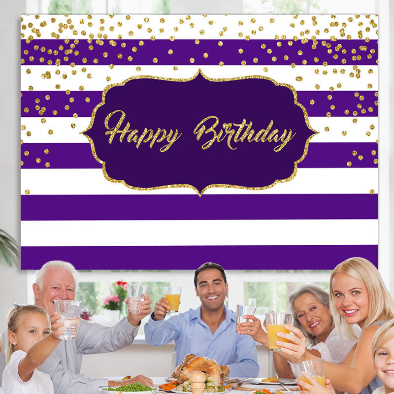 Lofaris White-Purple Stripes And Gold Happy Birthday Backdrop