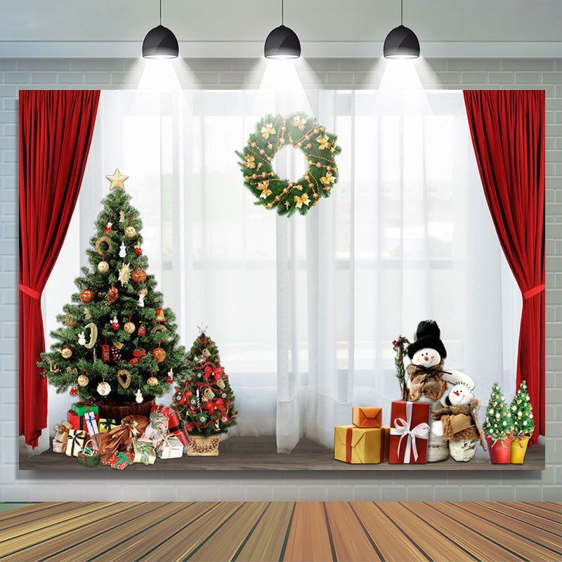 Lofaris White Red Curtain Window Snowman Christmas Backdrop