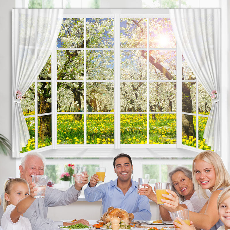 Lofaris White Window And Curtain Floral Tree Spring Backdrop