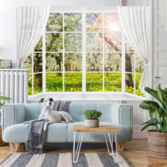 Lofaris White Window And Curtain Floral Tree Spring Backdrop