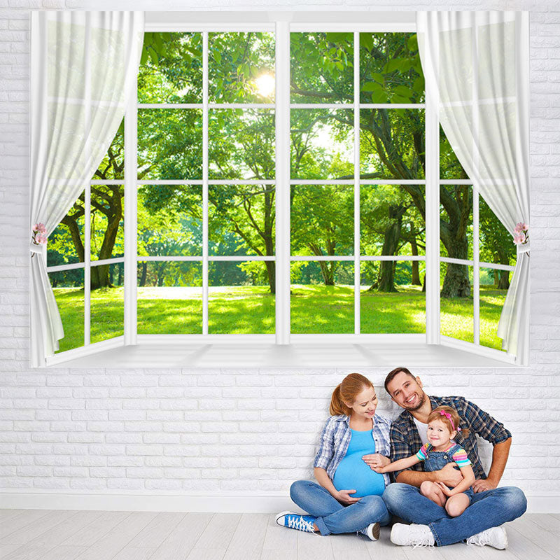 Lofaris White Window And Green Trees With Sunshine Backdrop